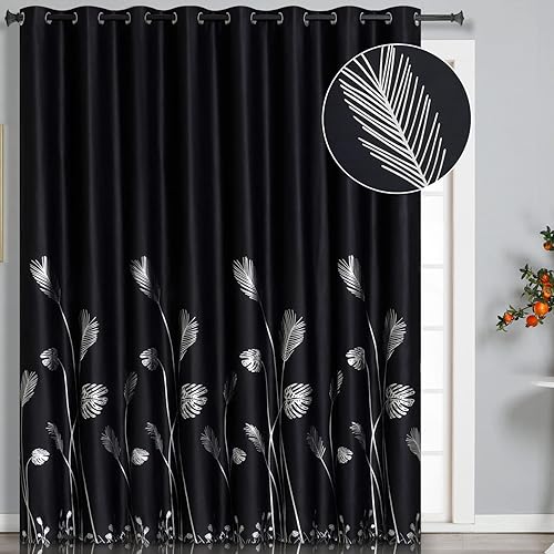 Estelar Textiler Room Divider Curtain for Sliding Glass Door 120W x 108L Inch Light Blocking Curtain Silver Palm Designed Drape for Hall Dining Room,10ft Wide x 9ft Long, Black,1 Panel