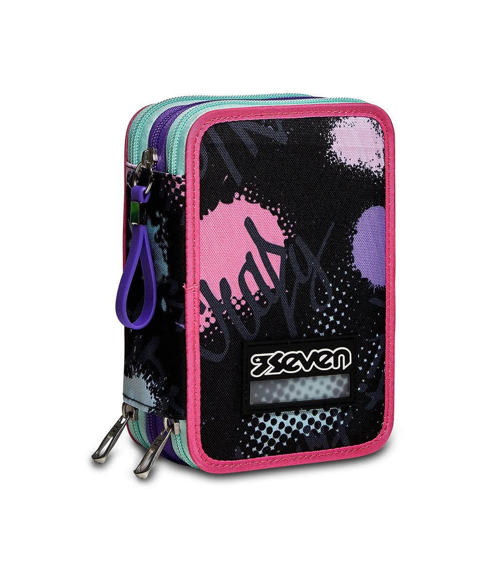 Seven 3-Zip Pencil Case, Pinkypos Girl, Equipped with Pencils, Markers etc., Black, School and Leisure