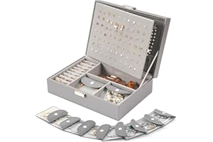 ProCase Jewelry Box Organizer for Women Girls, Upgraded Jewelry Case with 8 Extra Tarnish Free Bags, PU Leather Jewellery Holder Storage Container for Earrings Necklaces Bracelets Rings -Grey