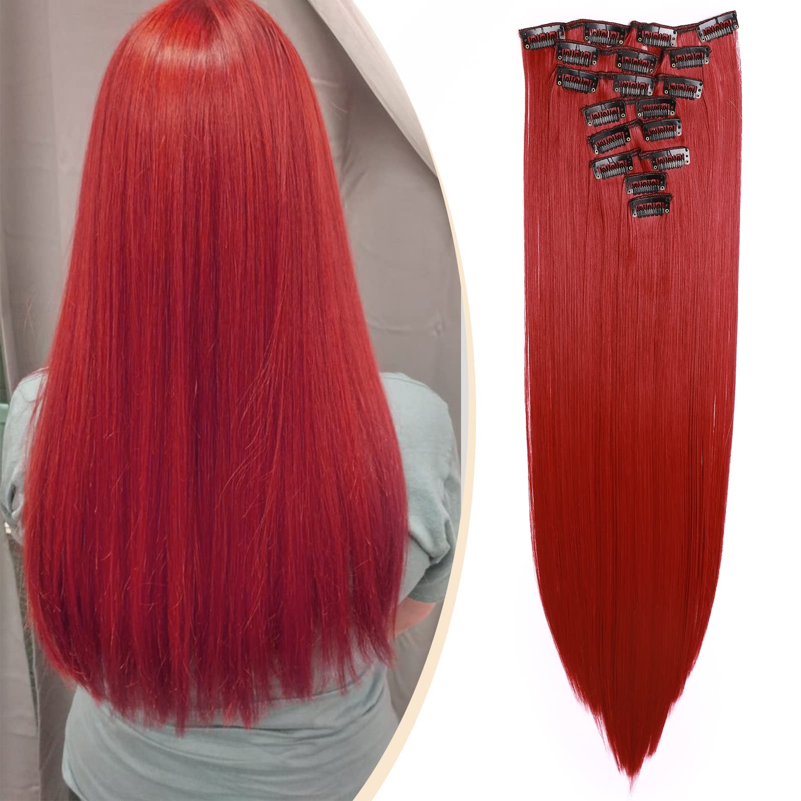 S-noilite® 17-26 Inches(43-66cm) 8pcs Long Full Head Clip In Hair Extensions Extension Sexy Lady Fashion Halloween Choice 60 Colours (26 Inches-Straight, Dark Red)