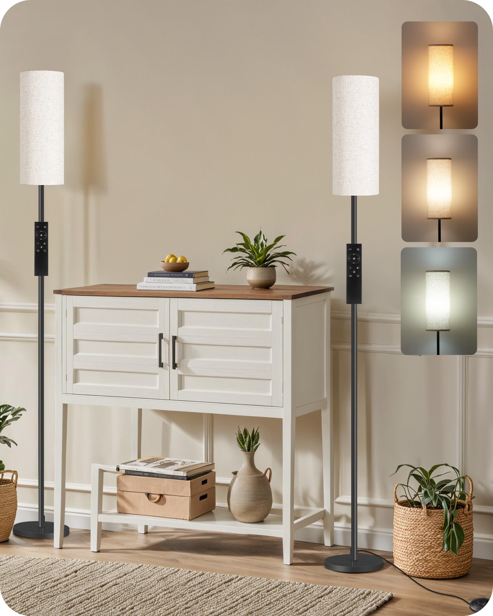 Photo 1 of GOEBLESON Set of 2 Dimmable Floor Lamps for Living Room with 2 Remotes and Foot Switch, 64.4”Modern Standing Tall Lamp, Corner Lamp for Bedroom, Bulb Included, 3000K-6500K, Beige Shade E06LDP205W1
