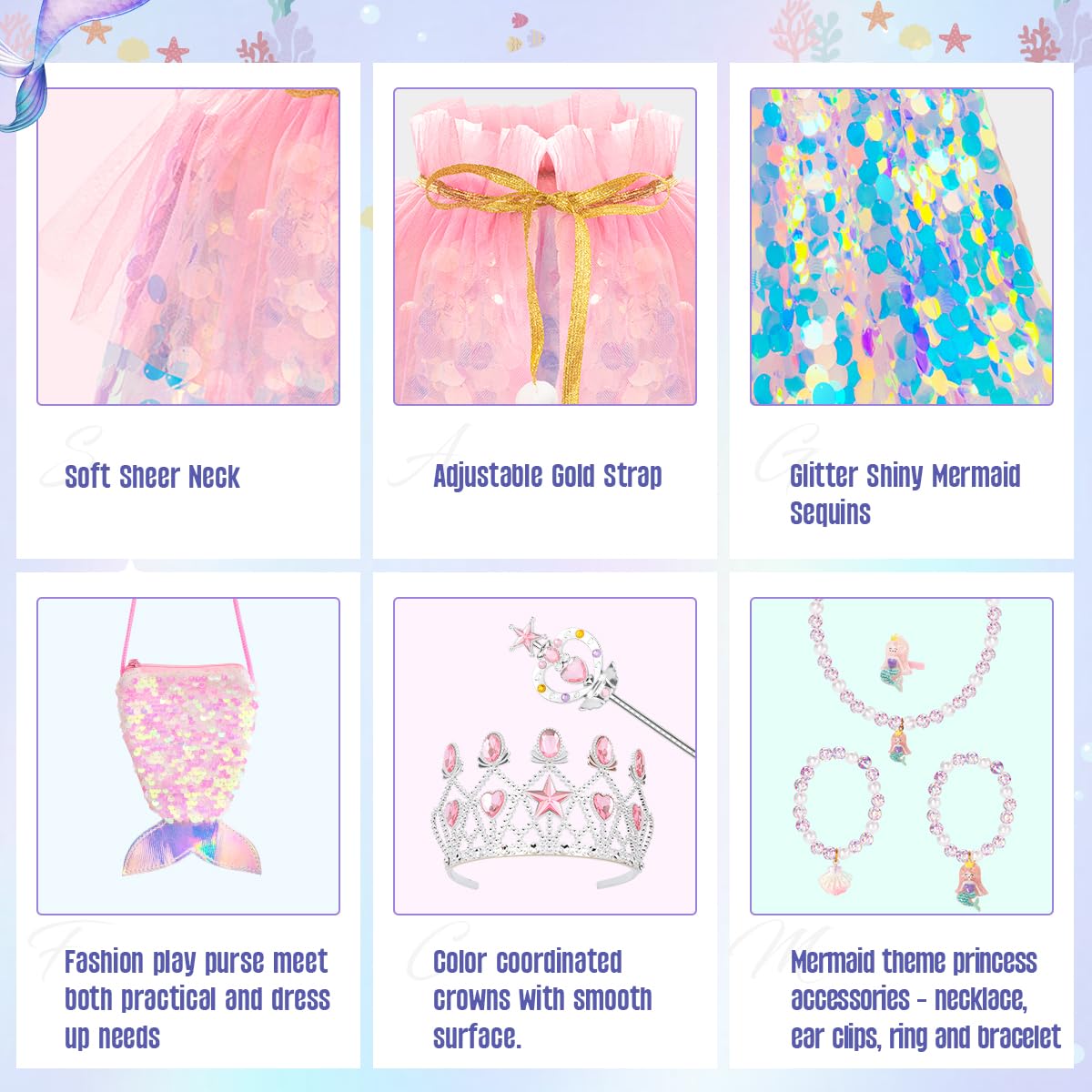 Meland Princess Dress Up for Girls 3-8, 11Pcs Mermaid Cape with Crown, Dress Up Clothes Birthday Gift Toys for Girls Toddlers