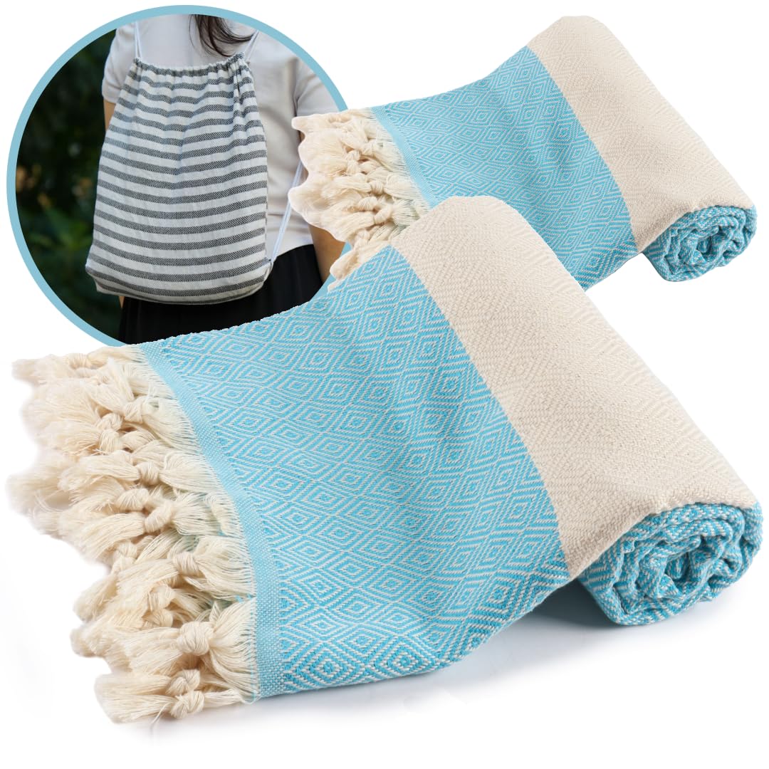 Photo 1 of 2 Pack! Turkish Beach Towel + Backpack - Handmade Turkish Cotton Beach Towels Oversized - 39" x 72" for Bath, Beach, Pool, Picnic Mat, Yoga - Sky Blue