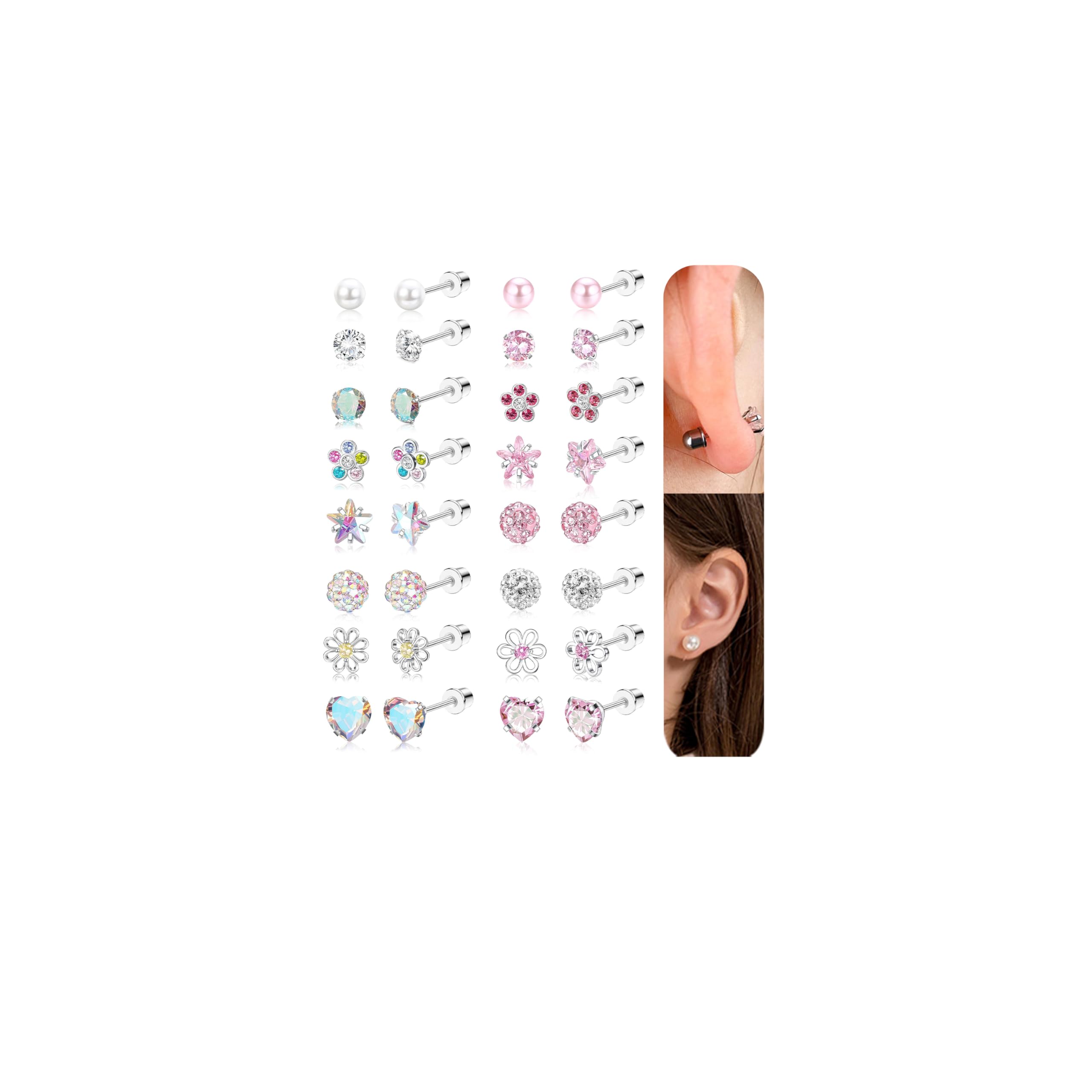 THUNARAZ 16 Pairs Hypoallergenic Screw Back Earrings for Women Girls Surgical Steel Tiny CZ Pearl Ball Heart Flower Screwback Flat Back Stud Earrings Set 20G