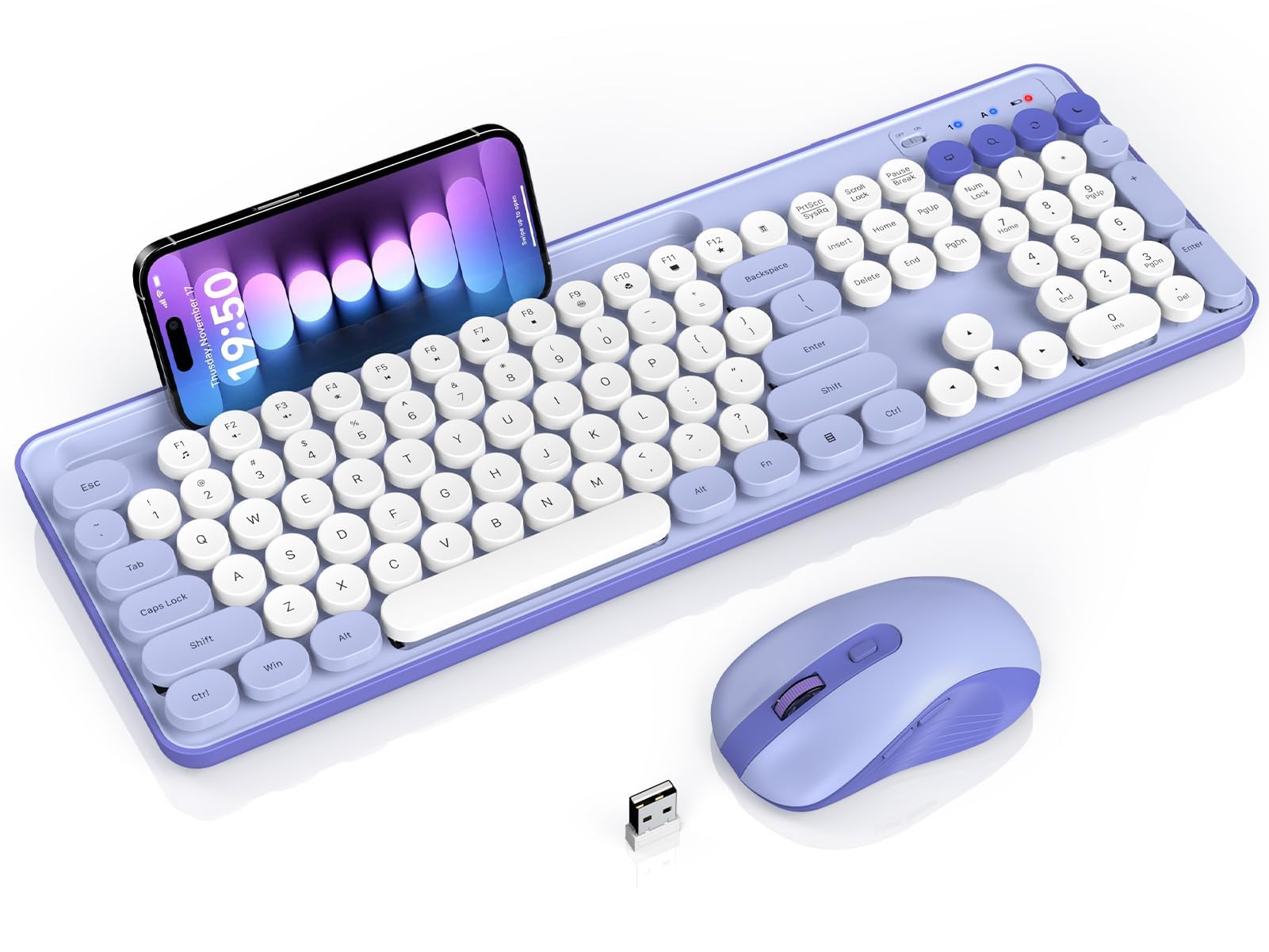 Photo 1 of Wireless Keyboard and Mouse Combo, Retro Round Keycap Typewriter Keyboard with Phone/Tablet Holder, Cute Colorful Keyboard for Computer/Laptop/Windows by SABLUTE (Purple)