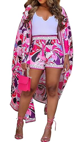 QegarTop Vacation Boho Outfits Shorts Set Womens Tropical Kimono