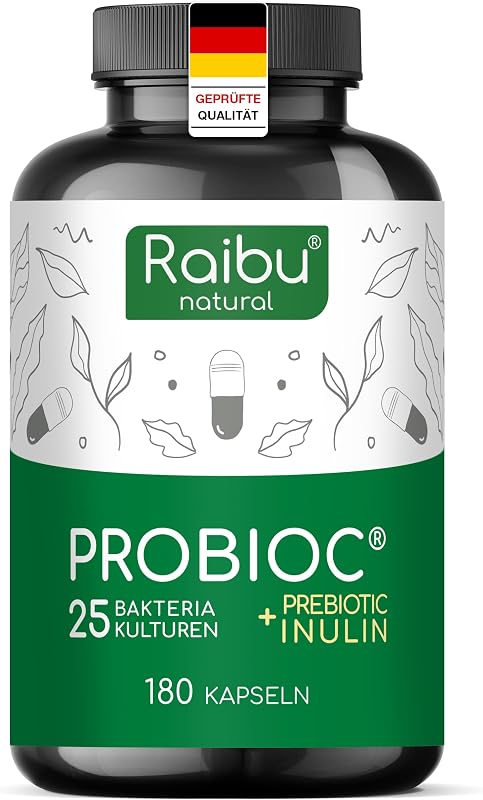 Probioc Kulturen Komplex - 25 Bakterienstämme + Inulin - 300 Mrd. KBE/g - 180 hochdosierte & magensaftresistente Kapseln - mit Lactobacillus & Bifidobakterien - Raibu