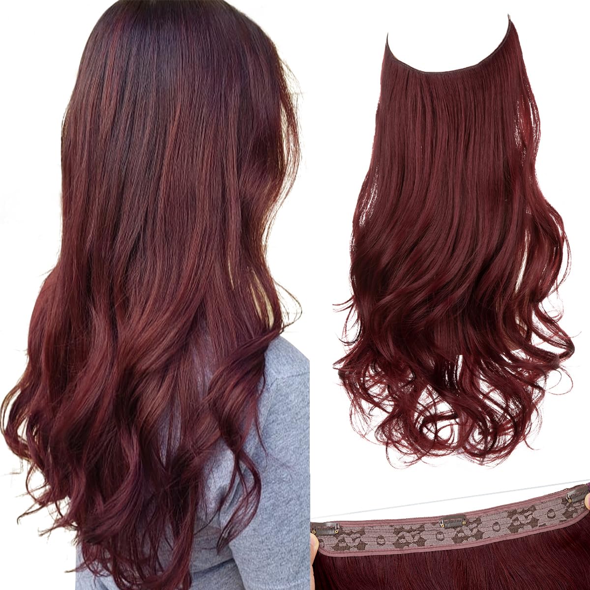 Photo 1 of SARLA Burgundy Invisible Wire Hair Extensions with 3 Clips Long Synthetic Wavy Curly Hairpiece Adjustable Transparent Headband for Women 22 Inch Wine Red