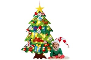 WVD Sapin de Noël en feutre pour tout-petits, 32 décorations et sapin de Noël lumineux en feutre à suspendre au mur, ornement