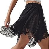 Women Y2k Lace Mini Skirt Fairy Mesh Floral Mid Low Rise Ruffle Half Slip Skirt Layered Flowy Short Skirt Streetwear