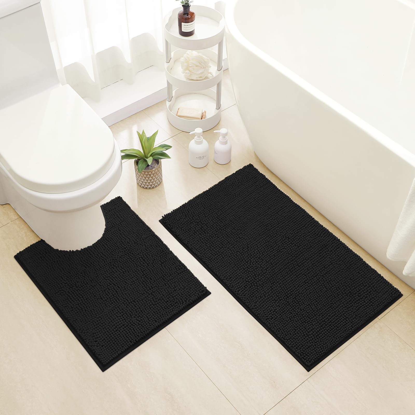HOMEIDEAS Black Bath Mat Set of 2 50 X 81CM Bathroom Mat and 50 X 61CM U Shape Toilet Mat,Soft Chenille Absorbent Plush Bathroom Mat Set, Machine Washable & Non Slip Bath Rugs for Tub, Toliet