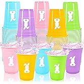 Whaline 50Pcs Easter Plastic Cups 16Oz Disposable Drinking Cup Pastel Bunny Rabbit Stackable Party Cups for for Spring Wedding Anniversary Birthday Party Supplies