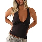 CSDAJIO Sexy Silk Satin Deep V Neck Halter Tops for Women Tie Back Tank Top Going Out Low Cut Backless Shirt