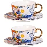 KAMMAK Tea Cups and Saucers Set of 2, Fine Bone China Coffee Cups, 8.5-Ounce Stackable Espresso Mugs, Ceramic Demitasse for Coffee, Cappuccino, Latte, Americano, Tea, Dream Ballet