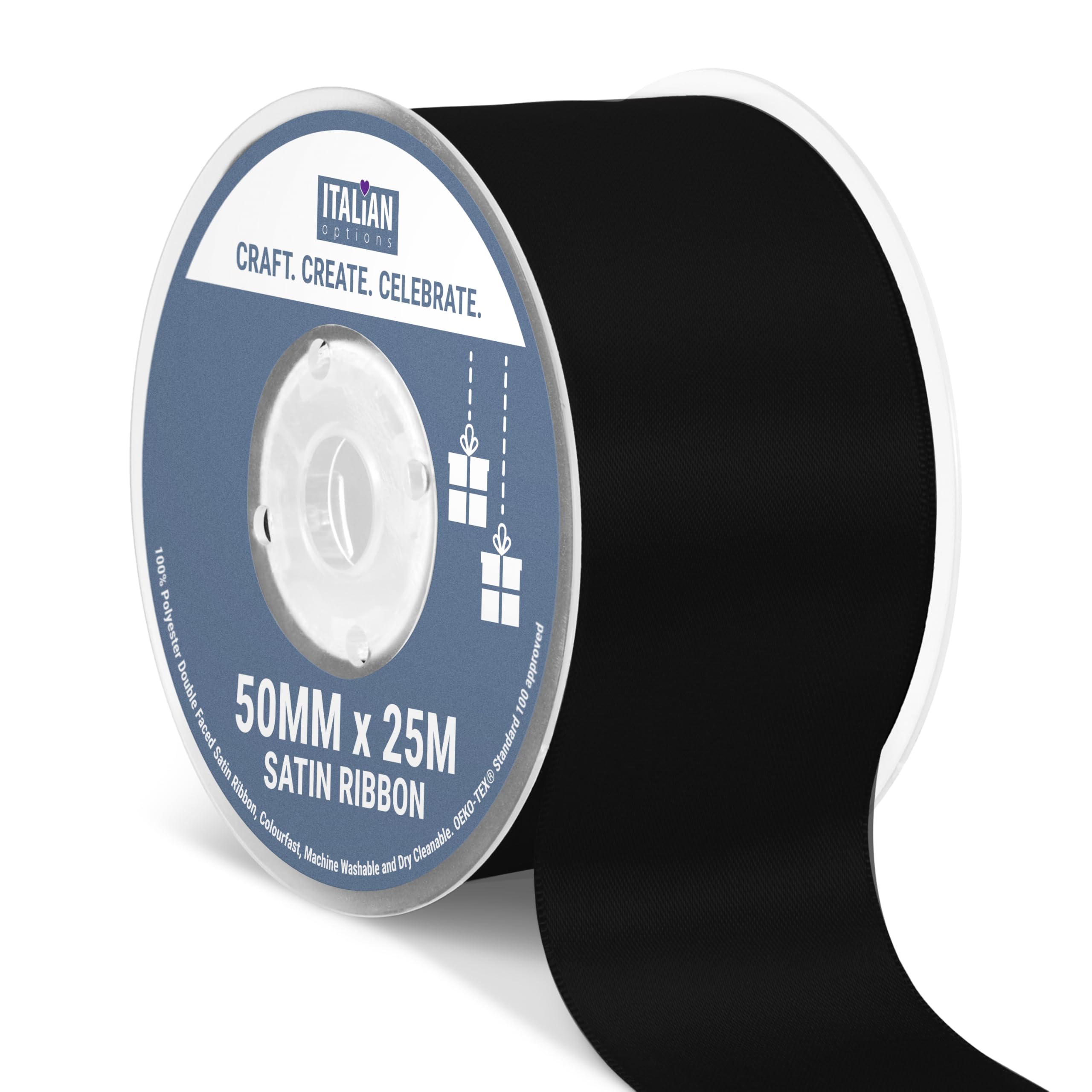 Italian Options Satin Ribbon, Fabric Ribbons for Gift Wrapping, Crafting, Balloons, Wedding Car, Presents, Cake, Christmas, Birthday, Gift Wrap Accessories, 50mm Wide x 25 Metre Roll, Black