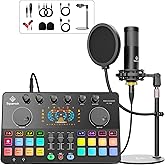 Podcast Equipment Bundle All-in-One with Dual XLR-3.5 Condenser Micophone with Mic Pop Filter Audio Equipment for Live Streaming/ Recording, Online Gaming for Phone/ Laptop/ PC Audio Interface M100
