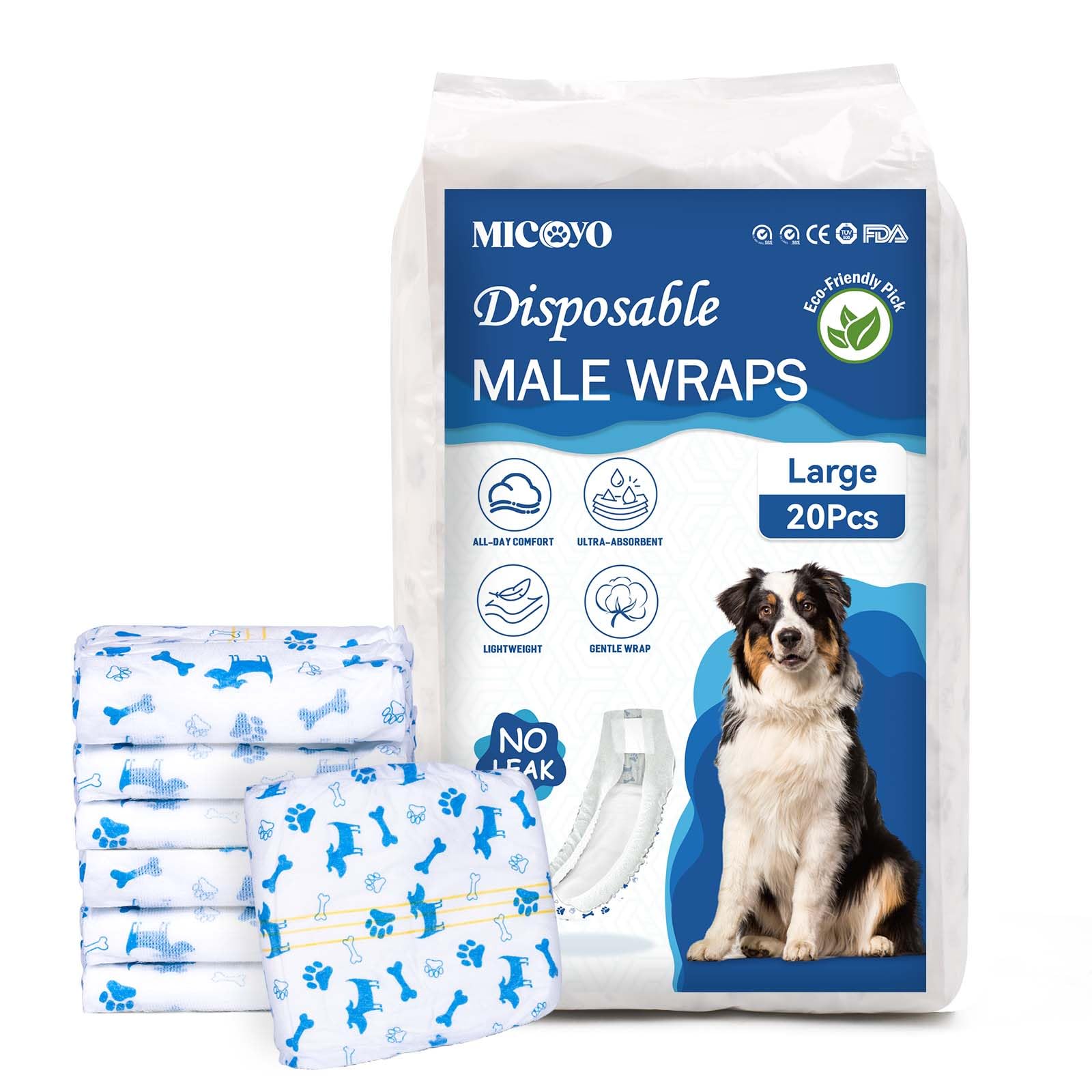 MICOOYO Disposable Dog Nappies Male, Super Absorbent Male Dog Wraps, Doggy Diapers with Wetness Indicator(L, 20pack)