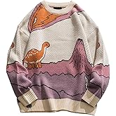Arssm Mens Oversized Dinosaur Knit Pullover Sweater Fashion Cartoon Unisex Sweater Long Sleeve Crewneck Vintage Tops