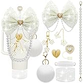 LBU Bling Stanley Cup Accessories for 40/30/20 oz Tumbler with Handle Including Glitter Bow Straw Topper, Heart Straw Cover, Pearl Water Bottle Handle Strap, Boot, Pom-Pom, Keychain Charms(White)