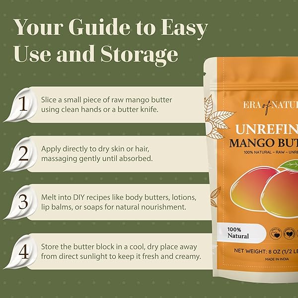 ERA OF NATURE ORGANIC UNREFINED RAW MANGO BODY BUTTER BLOCK 8OZ – MOISTURIZING MANGO SEED RAW BUTTER BAR FOR SKIN & HAIR, DIY LIP BALM BASE, CREAM, SOAP & LOTION MAKING SUPPLIES KIT, PERSONAL SKINCARE
