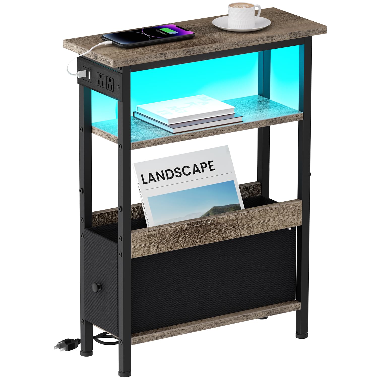 Creso hom Narrow Side Table with Charging Station and LED Light, End Table with 1 Fabric Drawer, Skinny Nightstand with USB Ports & Type-C, Slim Bedside Table for Bedroom, Living Room, Greige