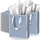 Yeaqee 50 Pack Metallic Gift Bags with Handle and Tissue Paper Gold Foil Thank You Bag for Valentine Wedding 5 Groomsmen Bridal 5 Senses Gifts Holiday Party Favors 9x7x3.15''(Dusty Blue, Silver)