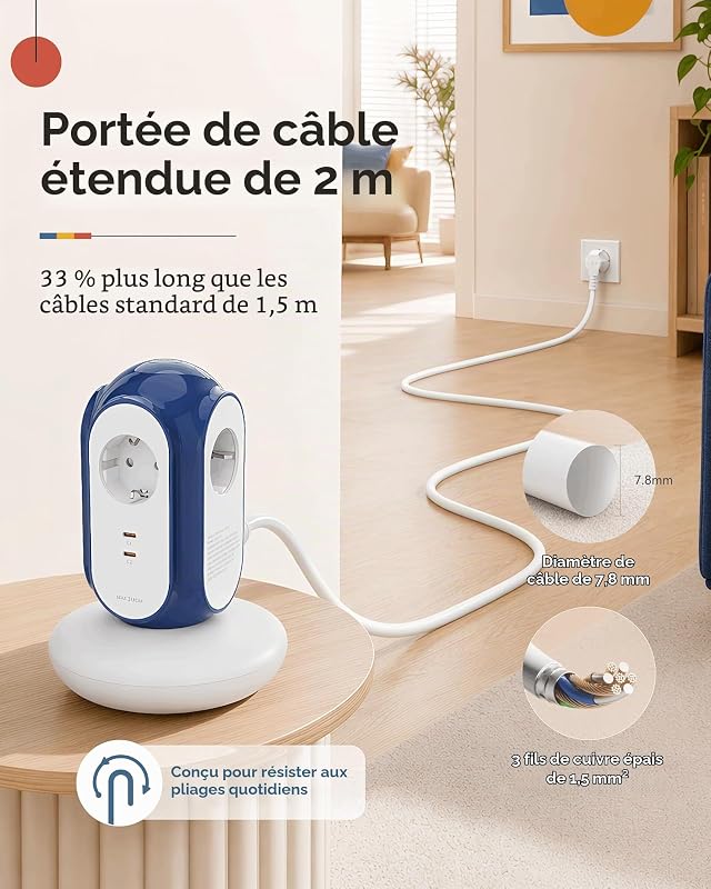 Multiprise Tour 3 Prises AC + 2 USB-C (30W), 3680W/16A, Protection 1420J, Base Anti-basculement, câble 2 m, Protection Contre Les surcharges, Compatible Type C/E/F (Vert Normandie)
