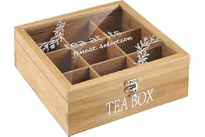 handrong Tea Box,Tea Bag Storage,Bamboo Tea Bag Holder Organizer,Modern Teas Caddy Chest with 9 Compartments and Clear Cover for Coffee, Tea & Sugar Pods, Packets & More