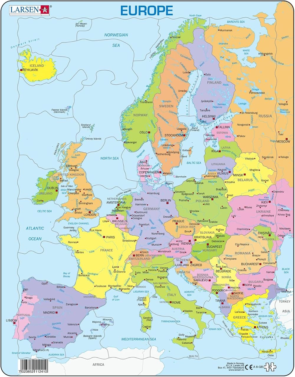 Larsen A8 Europe Political Map Tray Puzzle 37 Pieces Kids Ages 5+ Geography Toy