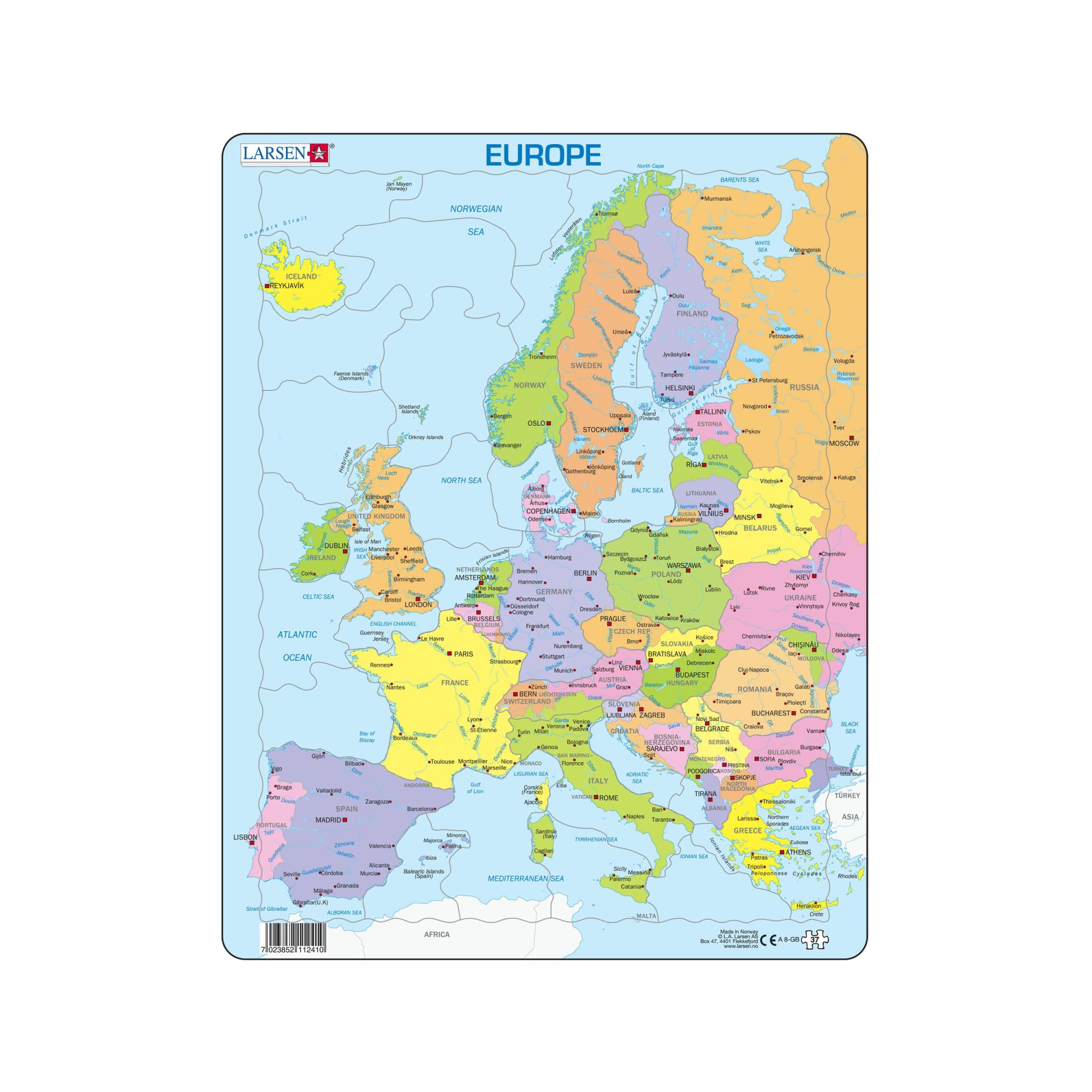 Larsen A8 Europe Political Map Puzzle – 37-Piece Tray Puzzle for Kids (Learn Countries, Cities, Rivers & Lakes) Educational Geography Toy Ages 5+