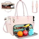 SIYNPAV Lunch Tote Bag with 15.6 Inch Laptop Compartment& Water Bottle Pocket, Quilted Nylon Work Tote Bag with Large Insulated Lunch Compartment for Women School Business Teacher Nurse (Pink)