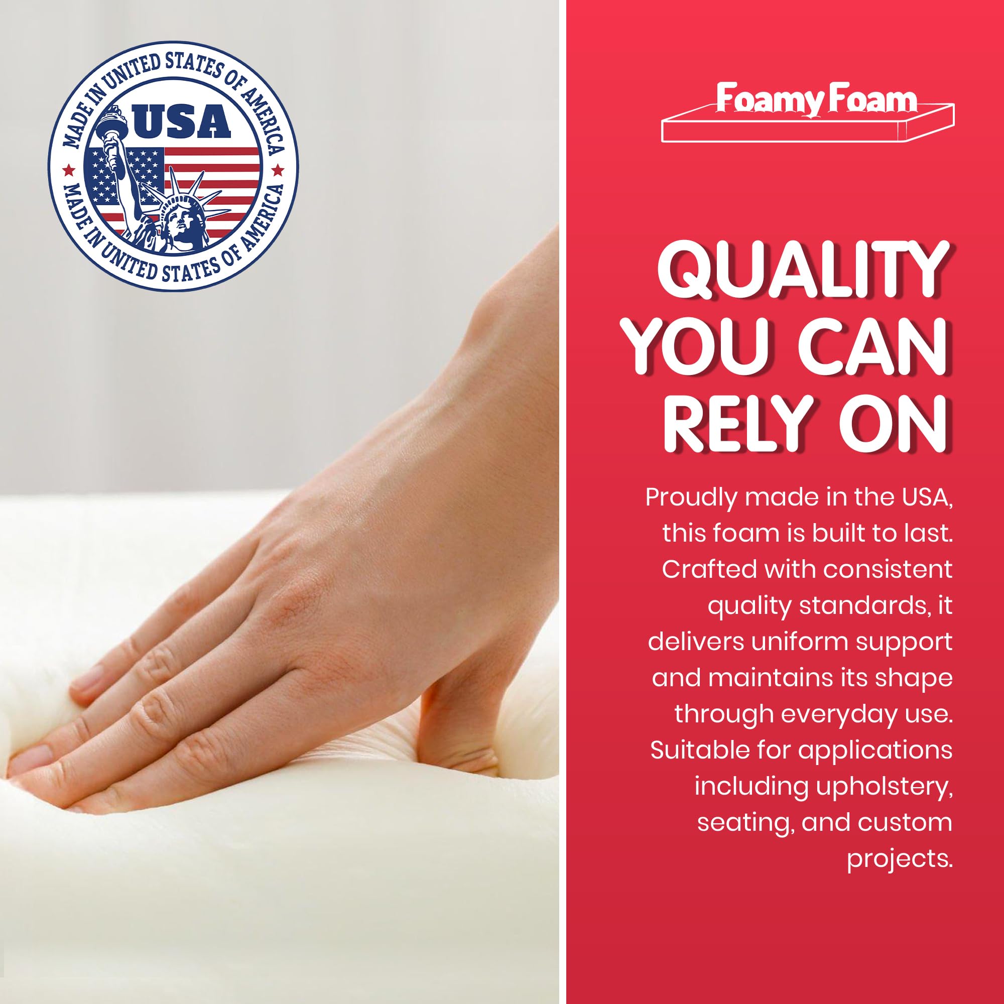 FOAMYFOAM High Density 3 inch Thick, 24 inch Wide, 72 inch Long Upholstery Foam, Cushion Replacement