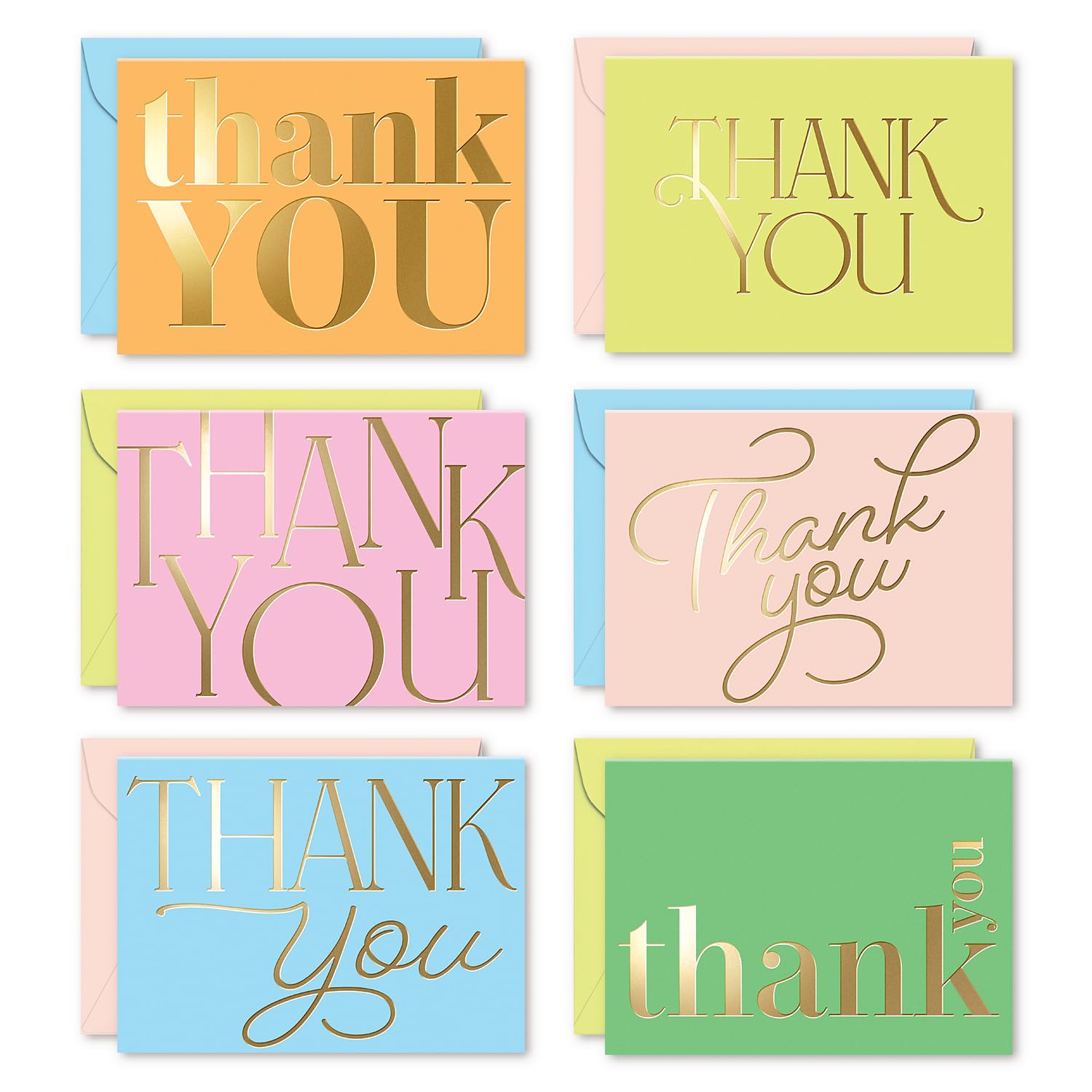 S&O Candy Thank You Cards with Envelopes - Blank Gold Foil sheets Set of 24 - Assorted Greeting Decor Cards, Pop Color Envelopes to Mix & Match