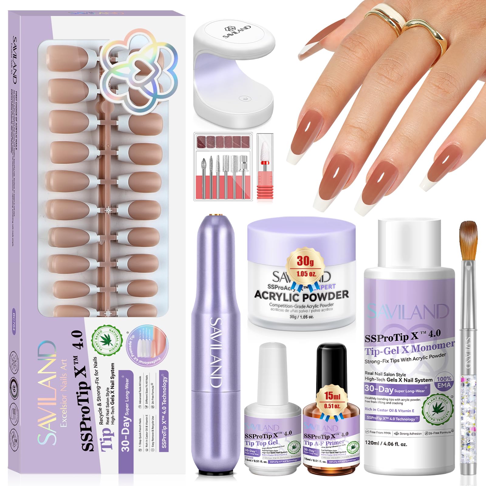 SAVILAND Acrylic Nails Kit with Nail Tips: 30 Days Long Lasting Nudes Acrylic Gel Nail Tips 160 Pcs Full Cover Long Coffin Nails Press Ons Acrylic Powder Liquid Fake Nails Healthier French Nails