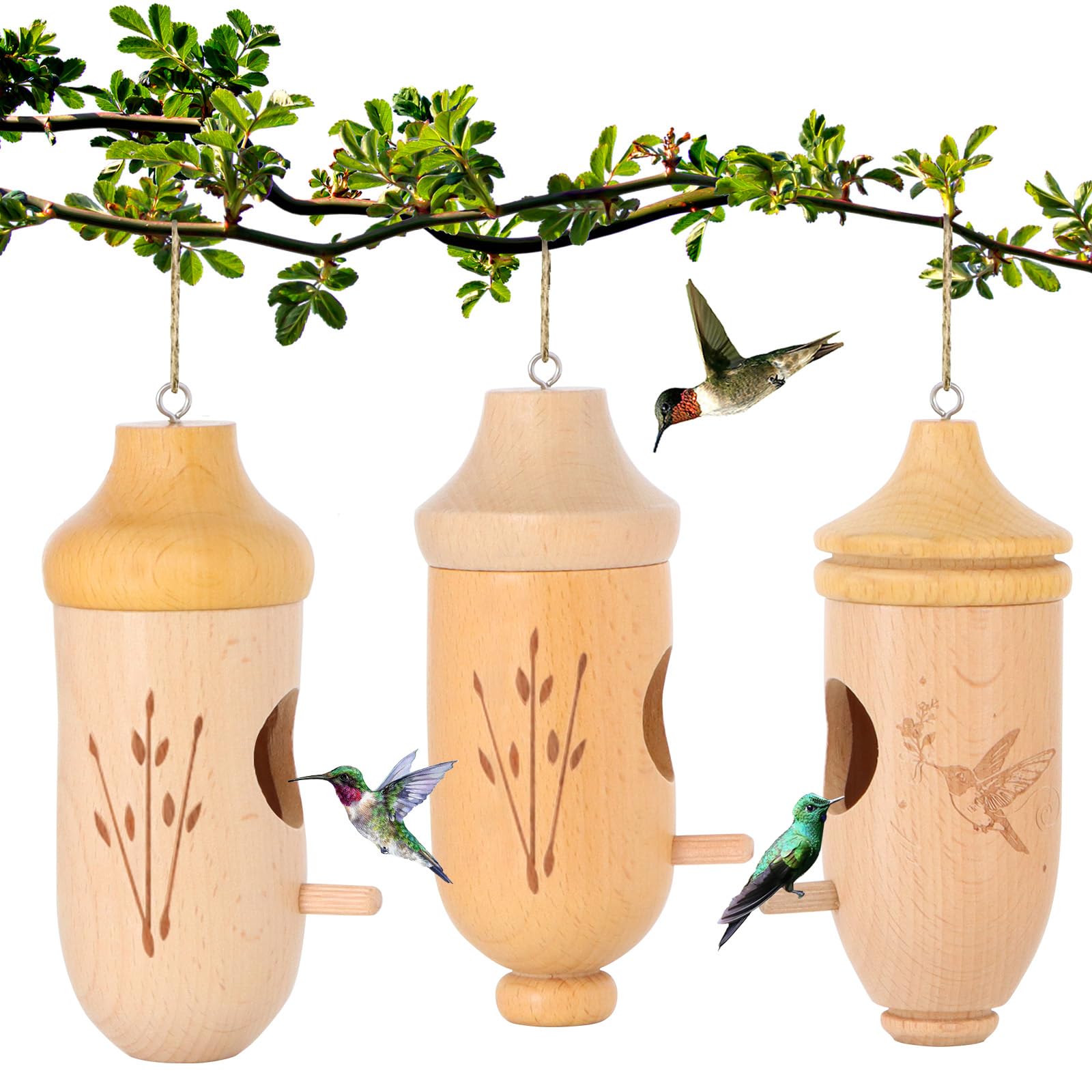 Photo 1 of 2025 New Wooden Hummingbird House - Natural Wooden Hummingbird Houses for Outside Hanging, Gardening Gifts for Women Home Decoration 3 Packs