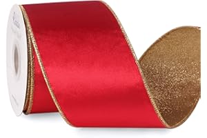 Ribbli Red Velvet Ribbon Wired 4 Inch Glossy Velvet with Gold Glitter Christmas Ribbon for Christmas Tree Decoration Big Bow Gift Wrapping Crafts Wreaths Supplies - Continuous 10 Yards
