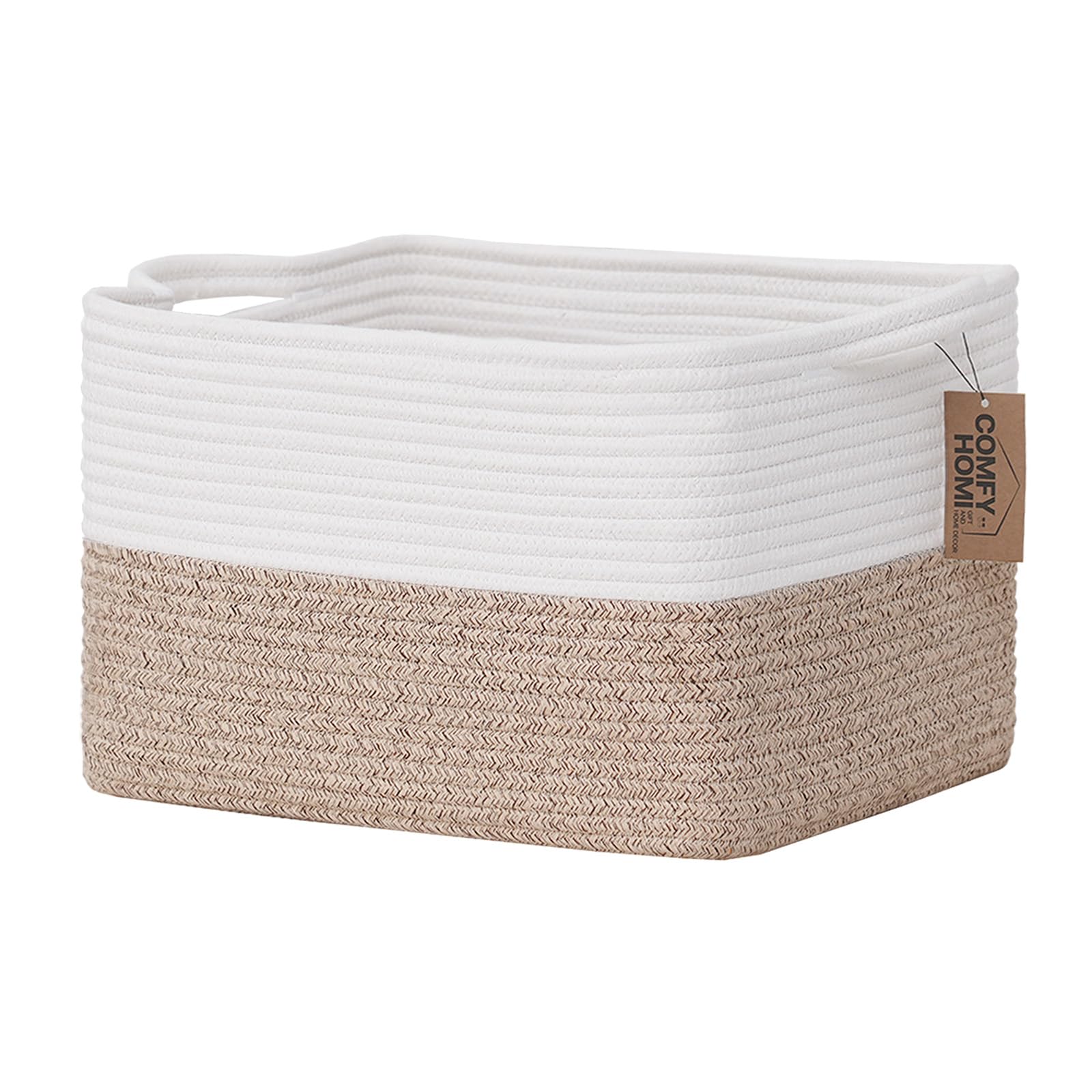 Photo 1 of COMFY-HOMI Cotton Rope Woven Basket with Handles for Shelves,Toys,Book, Cloth Storage Baskets for Organizing-13.5" x 11" x 9.5" Toy Decorative Organizer for Living Room, Bathroom ?White/Brown?
