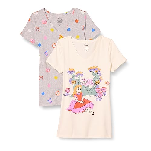 Amazon Essentials Disney | Marvel | Star Wars | Princess Women's Classic-Fit Short-Sleeve V-Neck T-Shirt, Pack of 2, Disney Alice, Medium