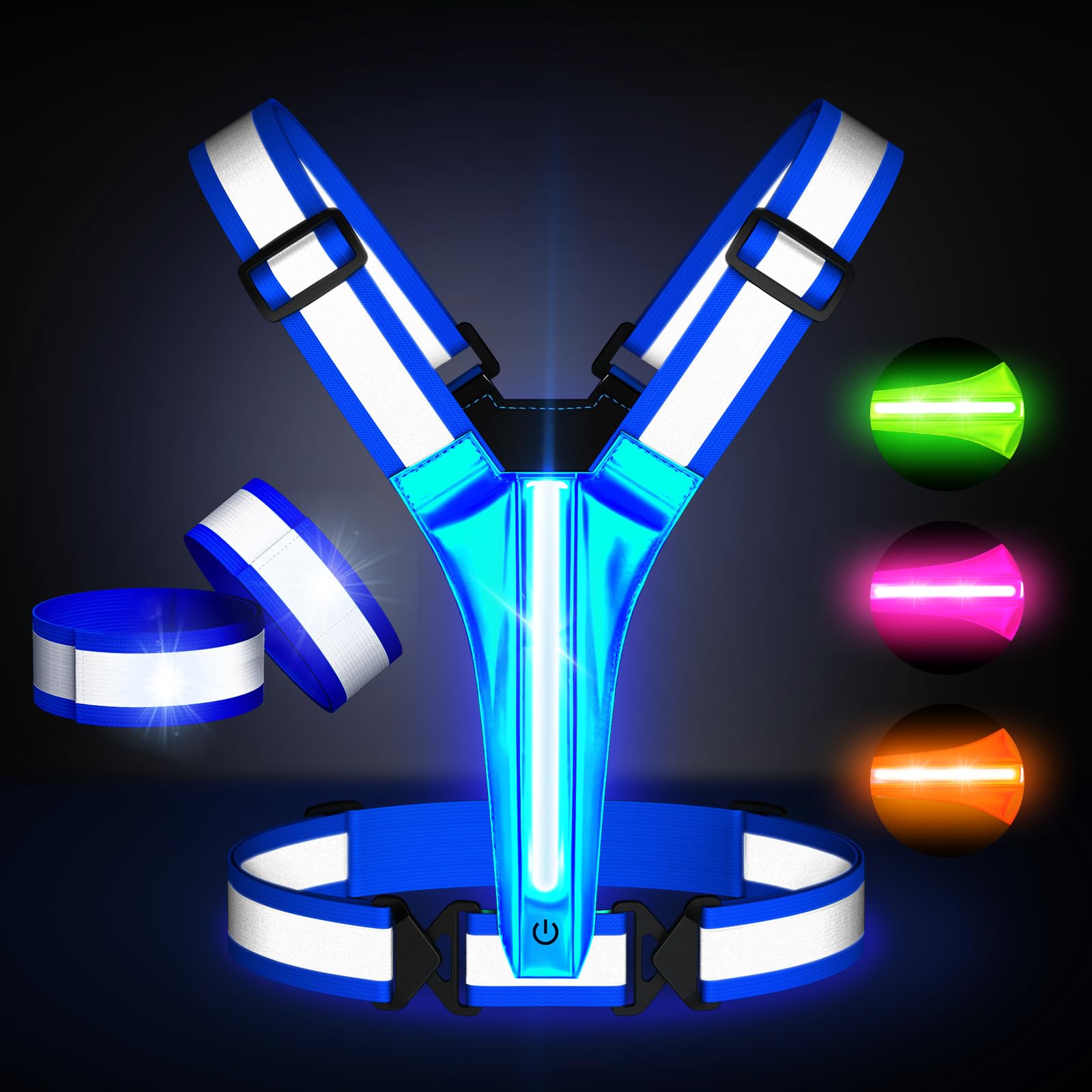 Led Light Up Running Vest Reflective Vest for runners night walking, Rechargeable LED Reflective Running Vest High Visibility with Adjustable Waist/Shoulde, Reflective Armband for Women Men (Bule)