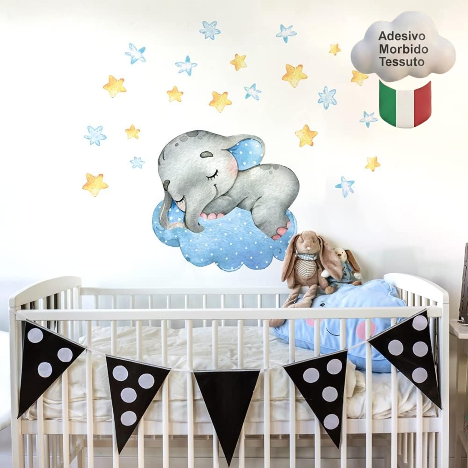 kina - R00585 Baby Wall Stickers Ecological and Hypoallergenic Soft Fabric Effect Repositionable Elephant on the Cloud Wall Decoration Nursery Nursery Wallpaper - Size 42x30cm