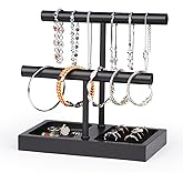 SZQINJI Jewelry Holder Organizers Bracelet Holder Display Stand, Solid Wood Base with 2 Tier Metal T-bar for Bracelet Wristband Bangle Watch Necklace Hanging, Black, Christmas Gift