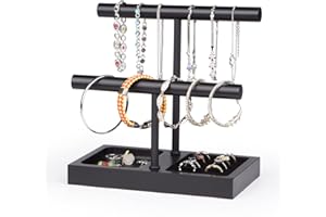 SZQINJI Jewelry Holder Organizers Bracelet Holder Display Stand, Solid Wood Base with 2 Tier Metal T-bar for Bracelet Wristband Bangle Watch Necklace Hanging, Black, Christmas Gift