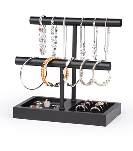 ByKen Multifunctional 2 Tier Jewelry Holder, Necklace Bracelet Holder with Earrings Rings Tray, Jewelry Organizer Stand for Scrunchie Watches (Beige Velvet