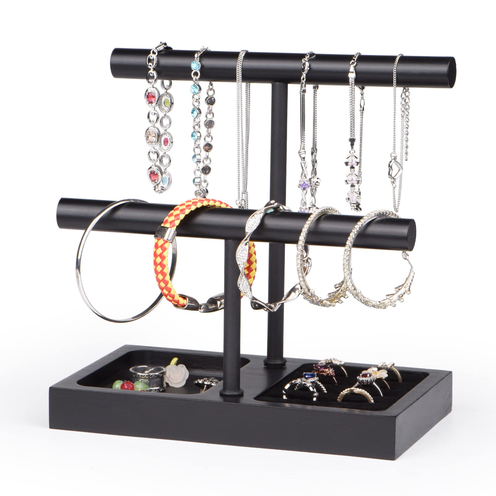 Photo 1 of SZQINJI Jewelry Holder Organizers Bracelet Holder Display Stand, Solid Wood Base with 2 Tier Metal T-bar for Bracelet Wristband Bangle Watch Necklace Hanging, Black, Christmas Gift