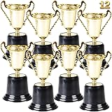 Gold Award Trophy Cups - Pack of 12 Bulk - 5 Inch Plastic Gold Trophies for Party Favors, Props, Rewards, Winning Prizes, Com