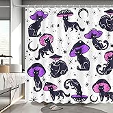 MEHOFOND Funny Cat Mushroom Shower Curtain Unique Black Cat Colorful Mushroom Shower Curtain for Bathroom Fun Hilarious 70s 80s Aesthetic Kids Art Fabric Waterproof Bathroom Decor 72 x 72 Inches