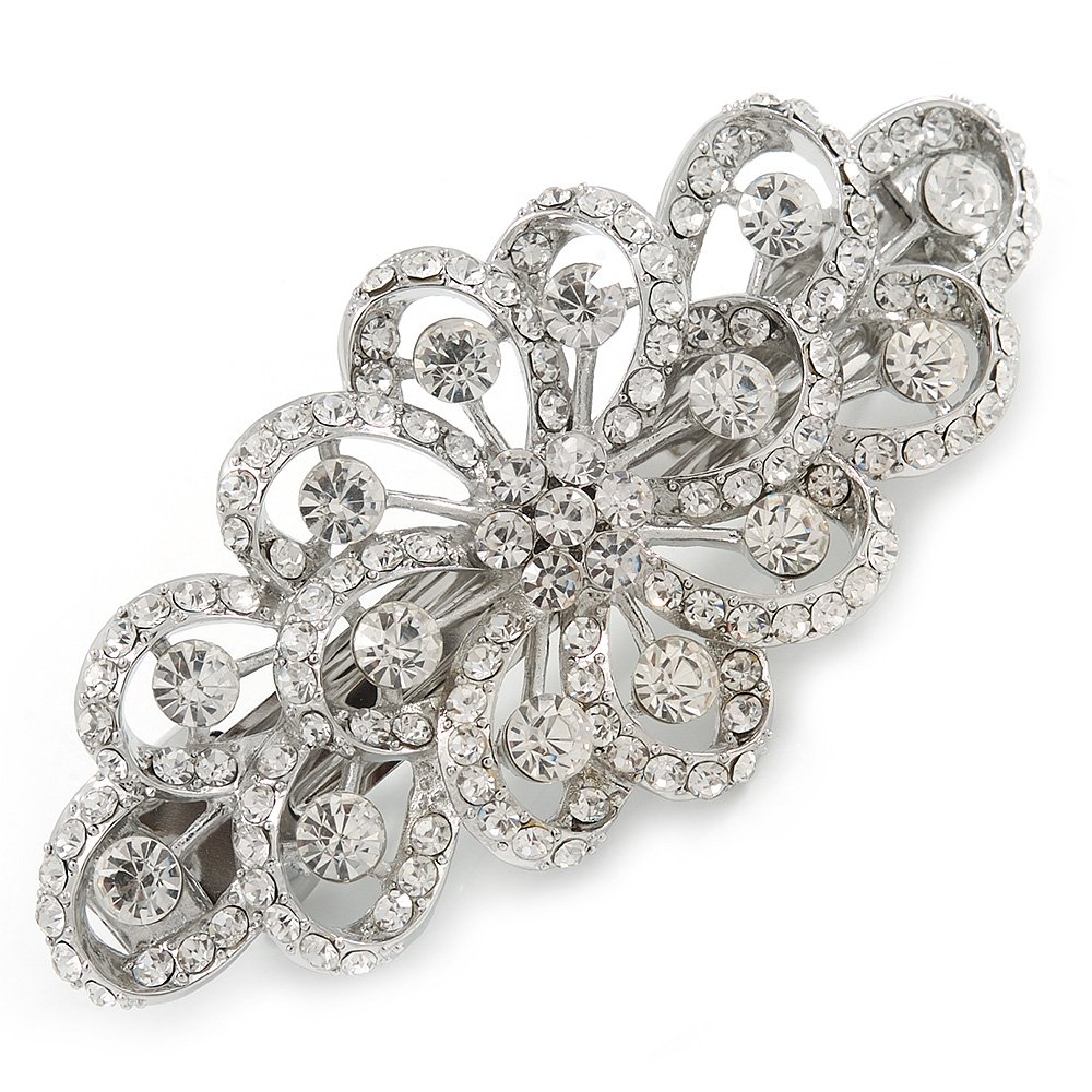 Bridal Wedding Prom Silver Tone Filigree Diamante Floral Barrette Hair Clip Grip - 80mm Across