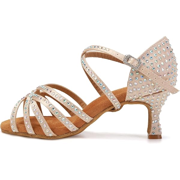 DKZSYIM Women's Satin Latin Dance Shoes - Rhinestone Ballroom Salsa Heels 3 Inch Practice Shoes - View #5