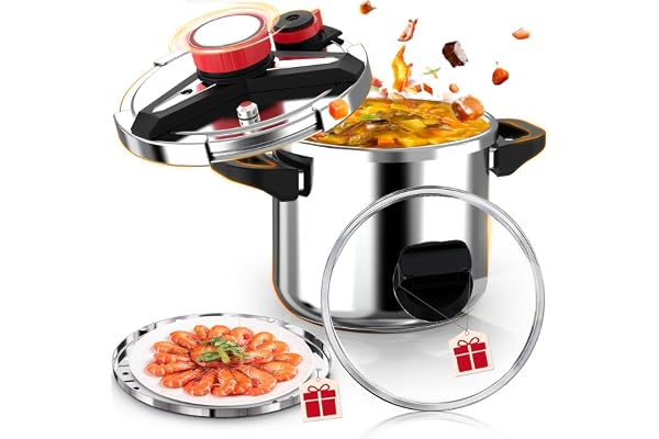18/8 Stainless Steel Pressure Cooker 8 Quart / 7.5 Liter, [3-In-1] Pressure Cooker, [One-Hand Locking] Olla de Presion, Induc