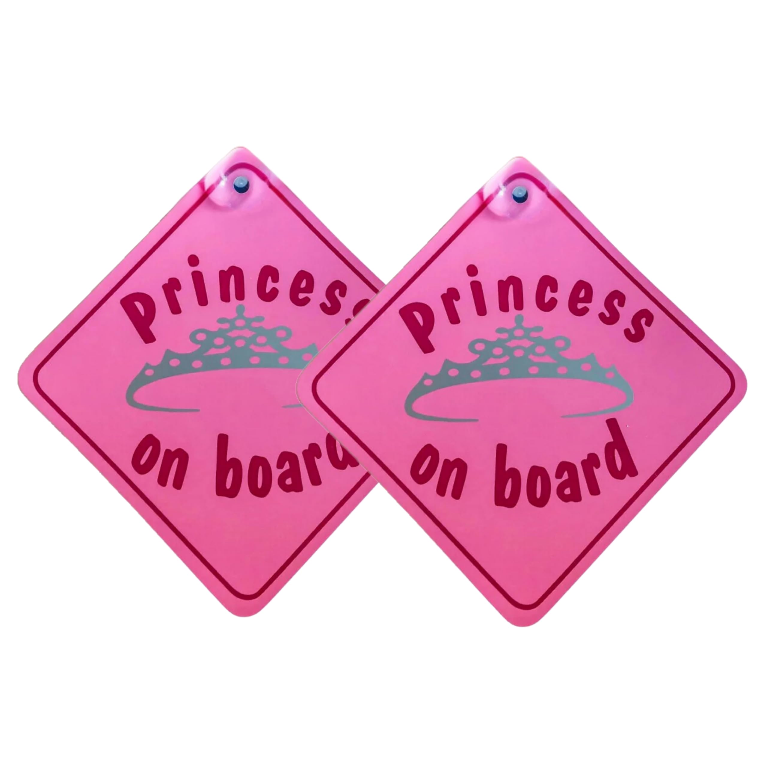 Tek Automotive Princess on Board Car Sign – Twin Pack, 5.5” x 5.5” Pink with Suction Cup – Baby on Board Sign for Car, Cute Baby Car Accessories for Girls